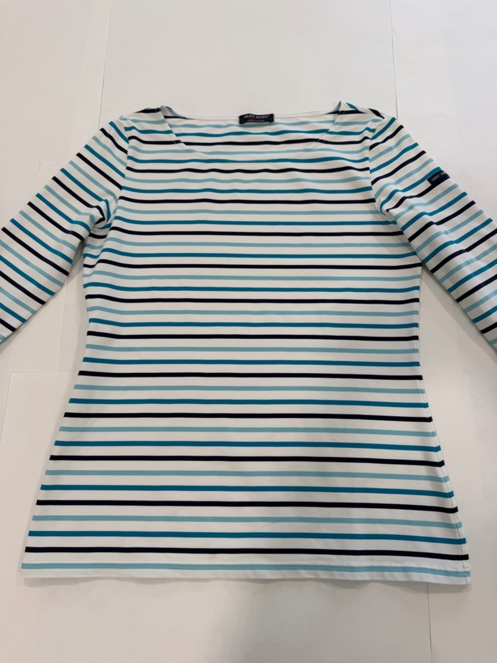 SAINT JAMES Breton Stretch White Blue Stripe 3/4 Sleeves UV Nautical Top (Sz 10) - Picture 5 of 12